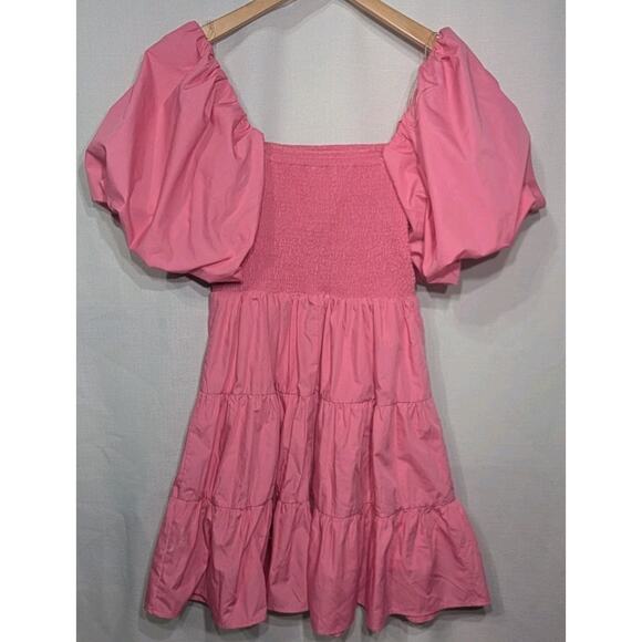 Entro Womens Pink Puff Sleeve Tiered‎ Mini Dress M Pink Smocked Bodice Coquette - Picture 8 of 8